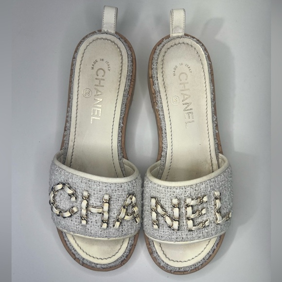 Chanel CC 2021 Chain Pool Tweed Cork Heels Mule Sandals Slides Shoes - Picture 7 of 13